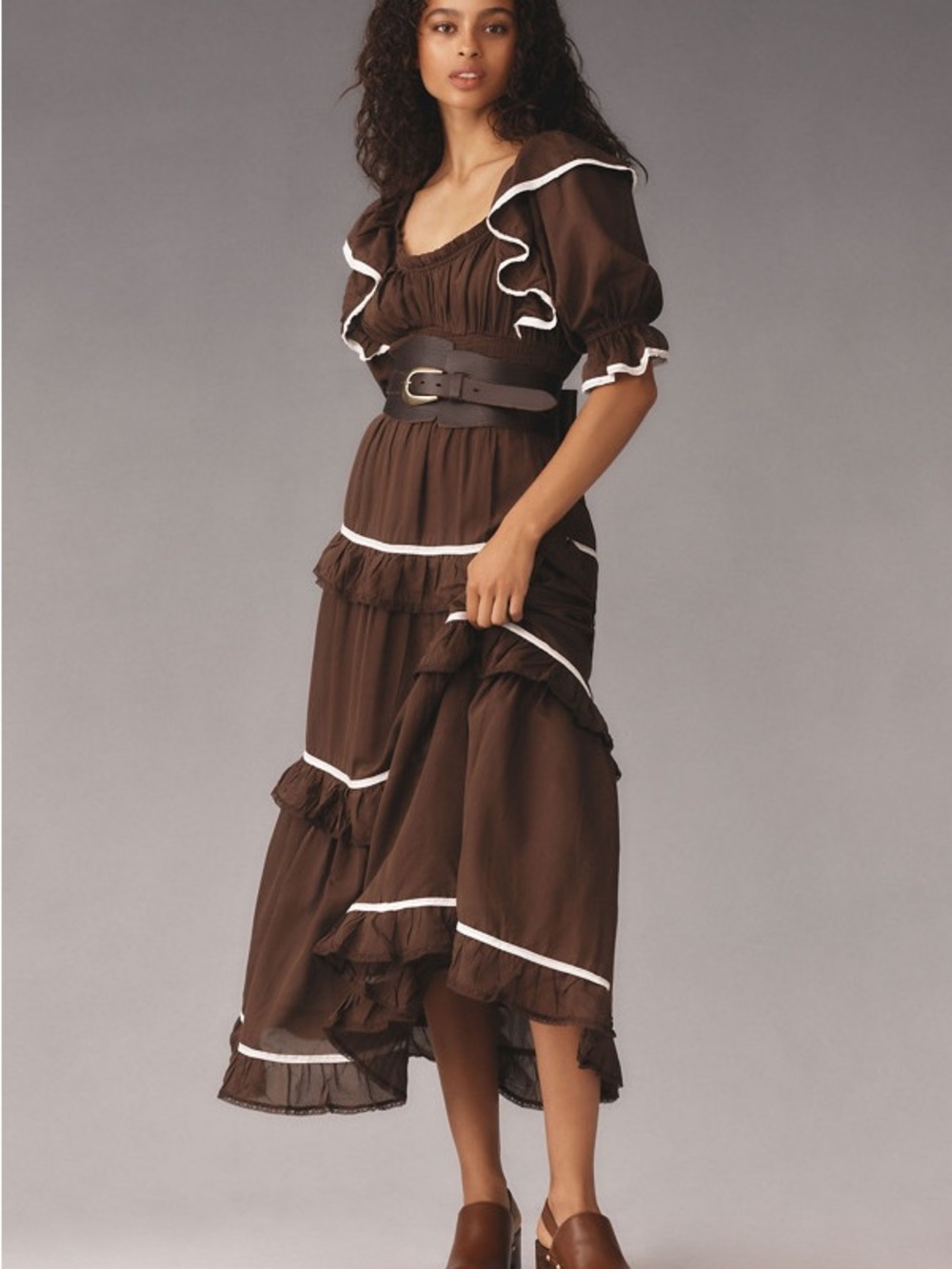 By Anthropologie Puff-Sleeve Scoop-Neck Tiered Maxi Dress in Chocolate Brown